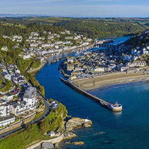 Aerial view over Looe, Cornish fishing town, Cornwall, England