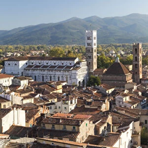 Aerial view of Lucca Cathedral and the walled city, Lucca, Tuscany, Italy