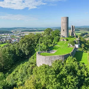 Aerial view at Merenburg castle ruin near Limburg an der Lahn, Merenburg, Lahn valley, Westerwald, Hesse, Germany