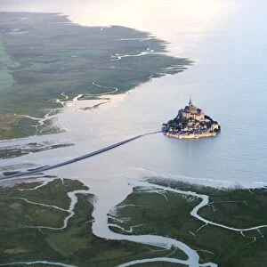 aerial view of Mont Saint Michel at high tide, Manche, France