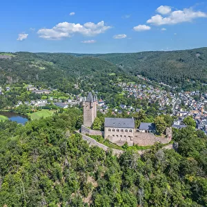 Aerial view at Nassau castle, Nassau an der Lahn, Lahn valley, Westerwald, Taunus, Rhineland-Palainate, Germany