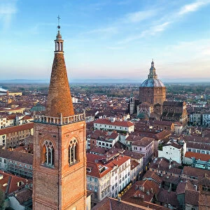 Aerial view of the old medieval church of Santa Maria del Carmine at sunset. Pavia, Lombardy, Italy, Europe