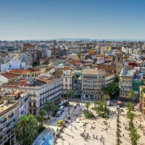 Aerial view of Plaza de la Reina and old town skyline, Valencia, Valencian Community, Spain