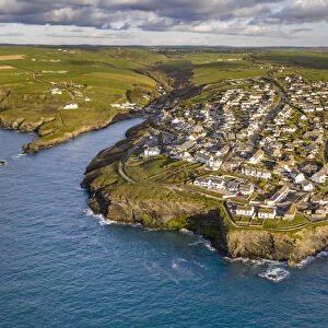Aerial view of Port Isaac harbour and village, North Cornwall, England