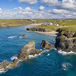 Aerial view of Porthcothan Bay on a sunny spring afternoon, Porthcothan, North Cornwall