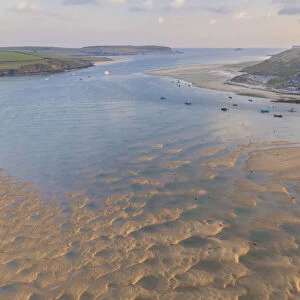 Aerial view of Rock and the Camel Estuary at dawn, Rock, Cornwall, England