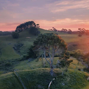 Aerial view of the rolling hills near Matamata at sunrise