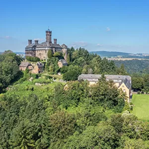 Aerial view at Schaumburg castle near Balduinstein, Lahn, Westerwald, Taunus, Rhineland-Palatinate, Germany