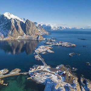 Aerial view of sea and mountains around Sakrisoy, Lofoten Islands, Norway