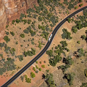 Aerial view of shuttle bus on the scenic drive road taken from Angels Landing