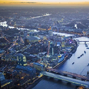 Aerial view of the South Bank, River Thames and the Lodon Eye, London, England