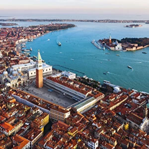 Aerial view of St Marks square and San Giorgio Maggiore church, Venice, Italy