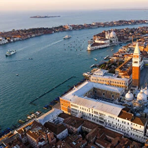 Aerial view of St Marks square at sunrise, Venice, Italy