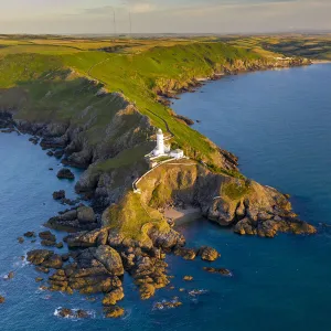 Aerial view of Start Point lighthouse and headland, South Hams, Devon, England