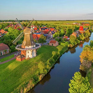 Aerial view of the Twinmills of Greetsiel, Krummhorn, East Frisia, Lower Saxony, Germany