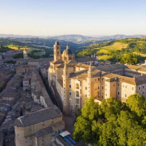 Aerial view of Urbino old town at sunset. Urbino, Marche, Italy, Europe