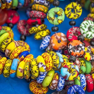Africa, Ghana, Elmina. Handmade glass bead bracelets in Ampenyi