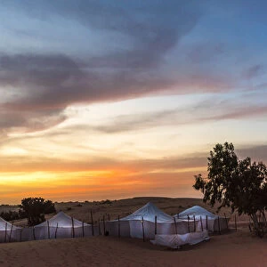 Africa, Senegal, Lompoul. The desert camp Ecolodge Lompoul at sunset