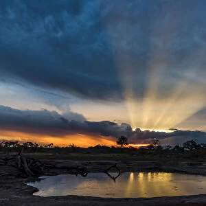 Africa, Zimbabwe, Hwange National park. View across a waterhole at sunbeams bursting