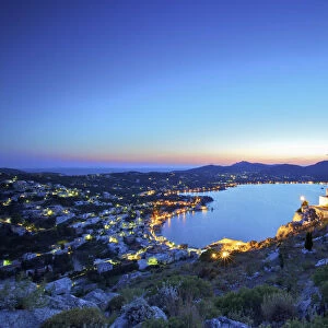 Aghia Evagelismos Chapel At Dusk With Agia Marina In The Background, Leros, Dodecanese