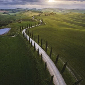 Agriturismo Baccoleno and its cypress road during a spring, Crete Senesi, Tuscany, Italy