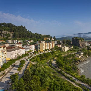 Albania, Permet, elevated town view with City Rock, dawn