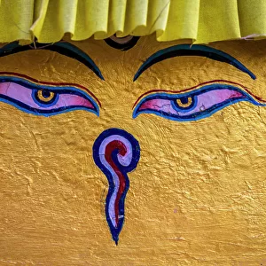 The all seeing eyes of Buddha on stupa at Namo Buddha, Kathmandu Valley, Nepal