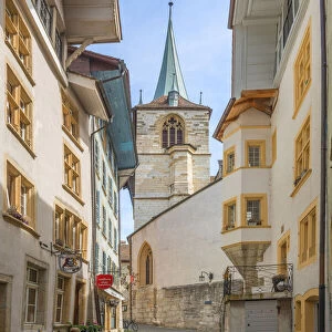 Alley with city church Biel, Canton Biel, Switzerland