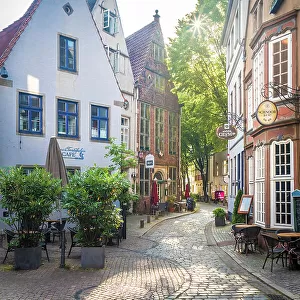 Alley in the historic Schnoor district at sunrise, Bremen, Germany