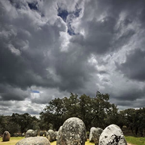 Almendres cromlech, a 8000 years old prehistoric monument. Evora, Portugal