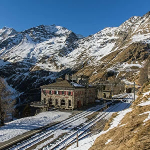 Alp Grum station along the famous Bernina Express mountain train route, Graubunden
