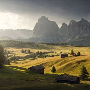Alpine meadow and wooden huts in the Dolomites, Italy