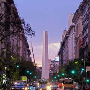 Argentina, Buenos Aires Province, City of Buenos Aires, Twilight view of Av Pres