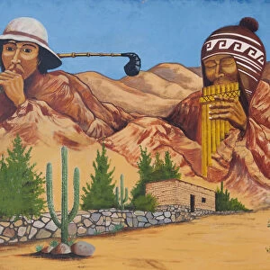 Argentina, Jujuy Province, Quebrada de Humamuaca canyon, Tilcara, Inca-themed wall mural