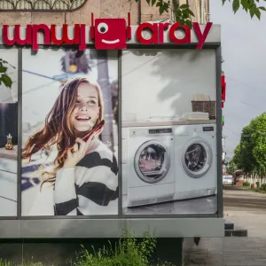 Armenia, Vanadzor, street with billboard for dishwasher