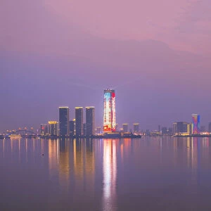 Asia, China, Jiangsu province, the skyline of Yixing city with Lake Taihu in the