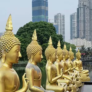 Asia, Sri Lanka, Colombo, Seema Malaka Buddhist temple on Beira Lake with Colombo City Skyline