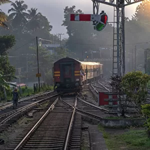Asia, Sri Lanka, Kandy, railway train departing station at dawn; tea train, railroad, railway station
