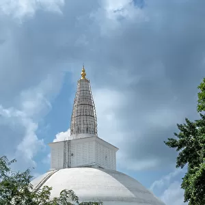 Asia, Sri Lanka, North Central Province, Anuradhapura, Buddhist stupa, Ruwanwelisaya stupa (c. 140 BC), elephant head decorations on base and bamboo scaffold, 103 metre tall chedi