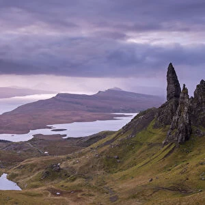 Atmospheric sunrise above the Old Man of Storr on the Isle of Skye, Scotland. Autumn