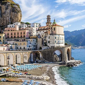 Atrani. Amalfi coast, Salerno, Campania, Italy. View of Atrani village and beach