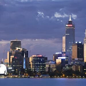 Australia, Western Australia, Perth. The Swan River and city skyline at dusk