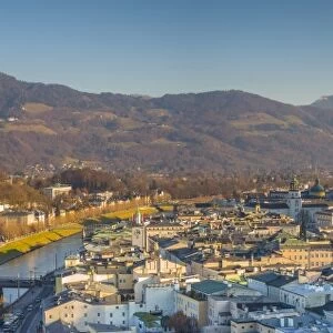 Austria, Salzburgerland, Salzburg, elevated city view, dusk