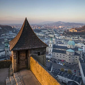 Austria, Salzburgerland, Salzburg, Schloss Hohensalzburg castle, elevated city view