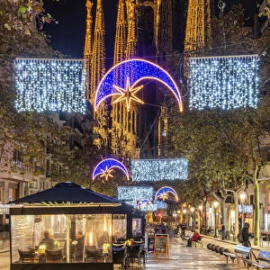 Avinguda Gaudi pedestrian mall adorned with Christmas lights