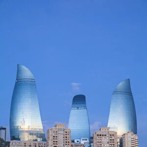 Azerbaijan, Baku, Entrance to Funicular railway and Flame Towers behind