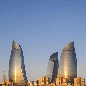 Azerbaijan, Baku, Flame Towers at sunrise