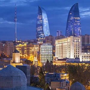 Azerbaijan, Baku, high angle skyline view with The Flame Towers