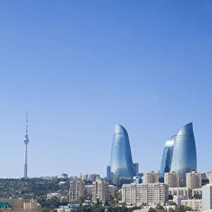 Azerbaijan, Baku, View of Old city, Flame Towers and TV Tower