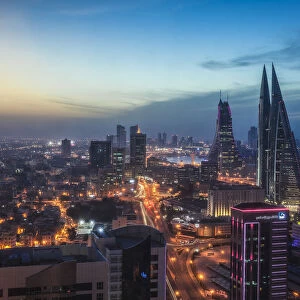 Bahrain, Manama, City center skyline looking towards Bahrain World Trade Center